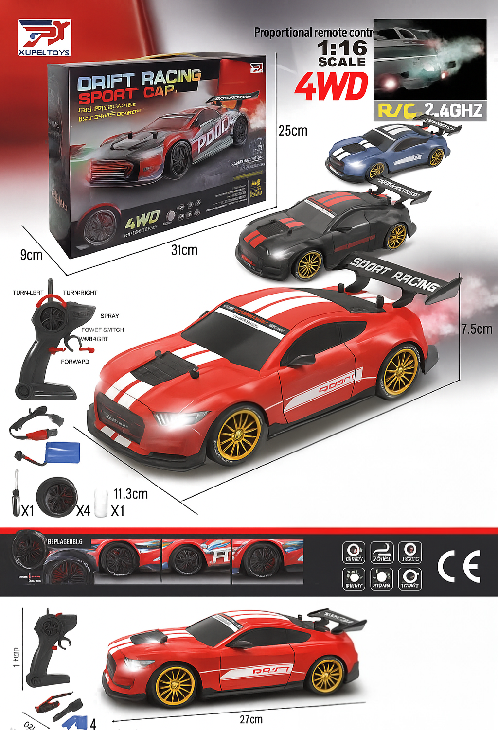 ماشین کنترلی دریفت 4WD دودزا مقیاس 1:16 با لاستیک قابل‌تعویض و ریموت 2.4GHz