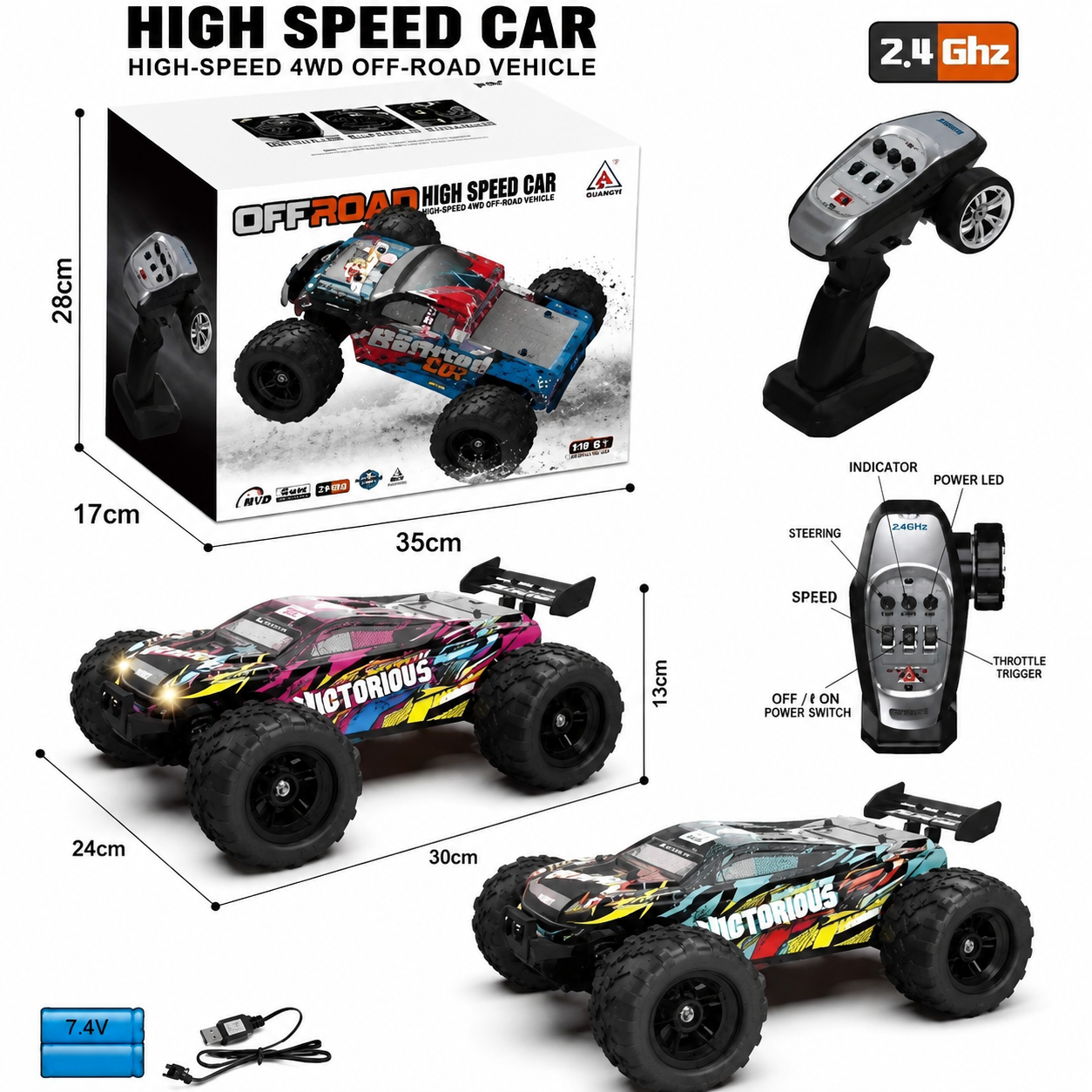 ماشین کنترلی آفرود حرفه‌ای دو دیفرانسیل 4WD مدل Monster Truck سرعت ۴۰ کیلومتر با گیربکس فلزی و قابلیت دریفت