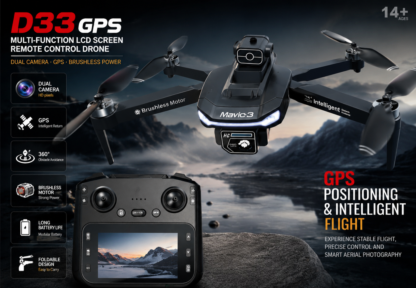 کوادکوپتر مدل D33 GPS سفارش اروپا نسخه مانیتور دار