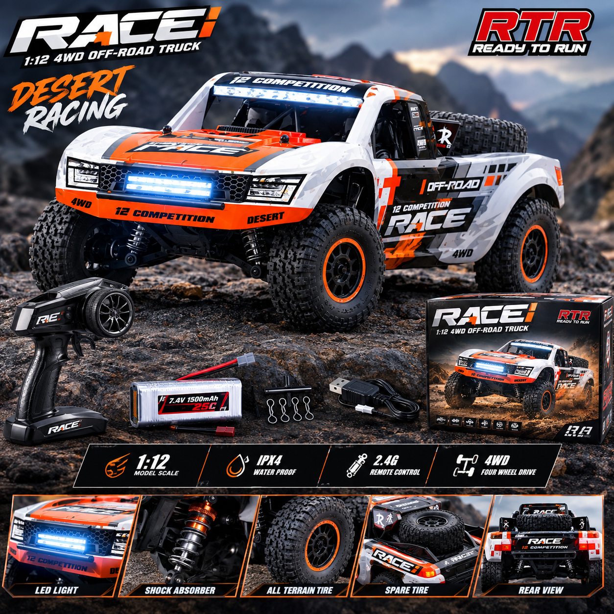 ماشین کنترلی آفرود RACE RD1204-1 | 4WD براشلس 1:12 کمک فنر روغنی